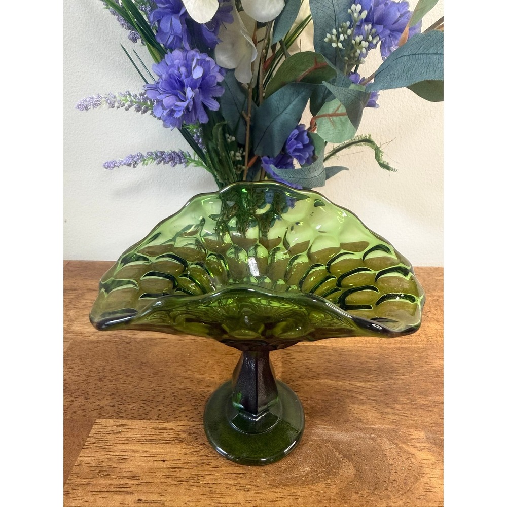 Vintage Olive Green Thumbprint Pedestal Compote Bowl Footed Glass Centerpiece